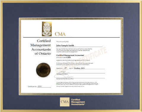 Satin gold metal frame with double mat board (NPB/GLD) for HORIZONTAL CMA Ontario designation